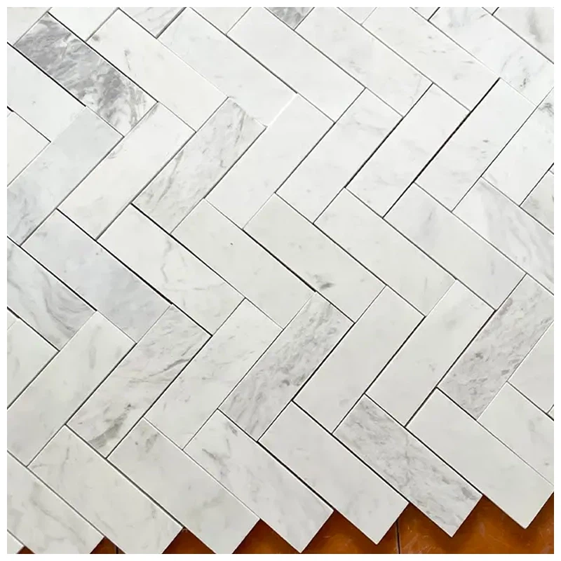 Volakas White Marble Herringbone Mosaic Tiles