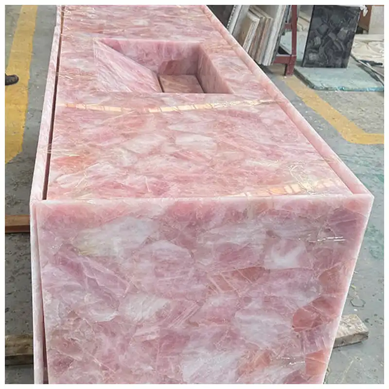 Pink Crystal Rose Quartz Waterfall Countertops