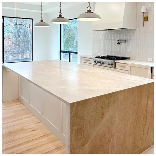 Taj Mahal Quartzite Waterfall Countertop in Villas-KA UNITED Taj Mahal Quartzite Waterfall Countertop in Villas-KA UNITED