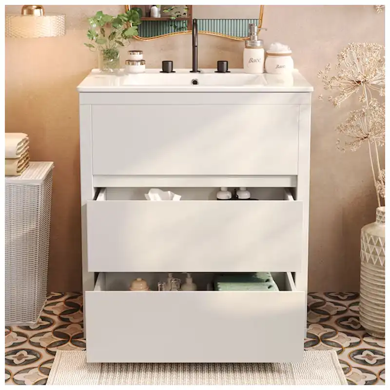 Bathroom vanity drawer slides with full extension under a hotel vanity sink showing the sink clearance notch Bathroom vanity drawer slides with full extension under a hotel vanity sink showing the sink clearance notch
