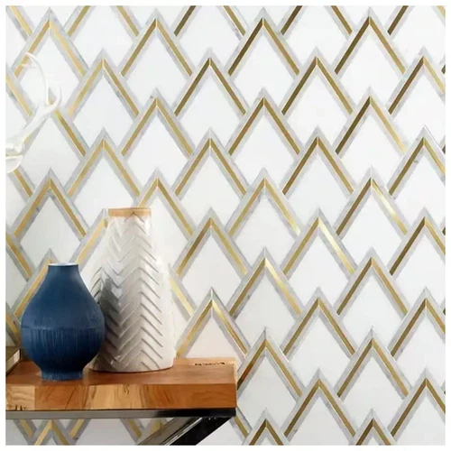 Chevron Shape Thassos Carrara Marble Brass Inlay Waterjet Mosaic Tiles For Luxury Interior Designs Chevron Shape Thassos Carrara Marble Brass Inlay Waterjet Mosaic Tiles For Luxury Interior Designs