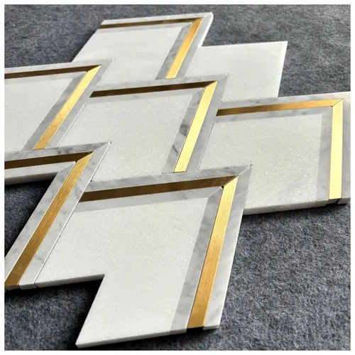 Thassos Carrara Marble Brass Inlay Waterjet Mosaic Tiles Thassos Carrara Marble Brass Inlay Waterjet Mosaic Tiles