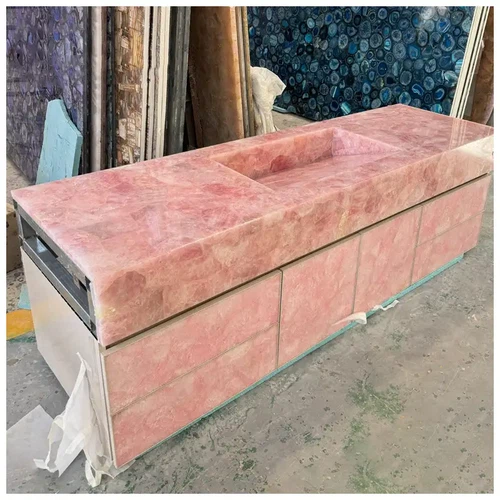 Semi-Precious Pink Rose Quartz Integrated Floating Vanity Tops Semi-Precious Pink Rose Quartz Integrated Floating Vanity Tops