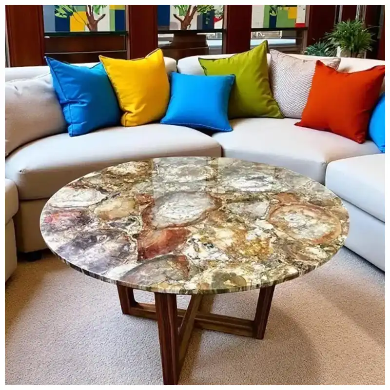 Petrified Wood Semi-Precious Round Tables In Luxury Hotel Lobby Petrified Wood Semi-Precious Round Tables In Luxury Hotel Lobby