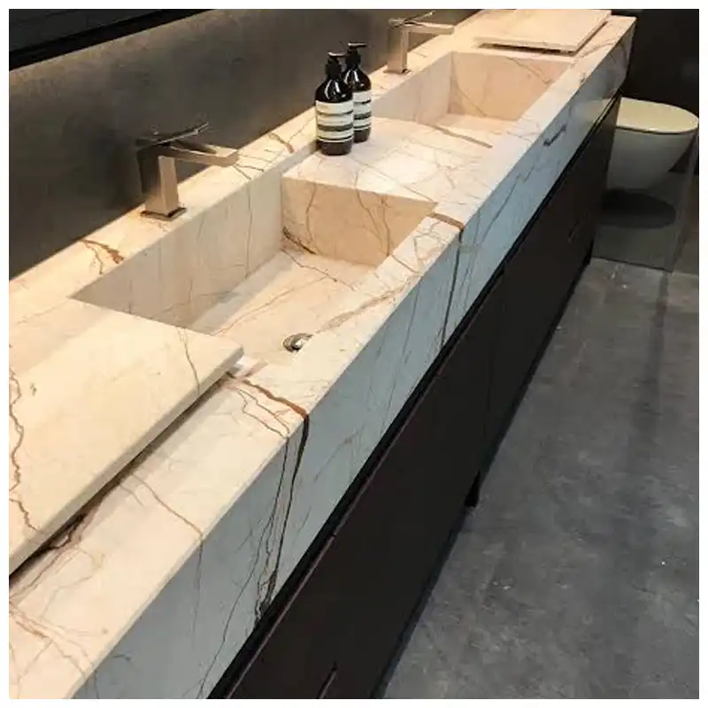 Sofitel Gold Marble Integrated Vanity Sinks in Grand Hotel Bathroom Sofitel Gold Marble Integrated Vanity Sinks in Grand Hotel Bathroom