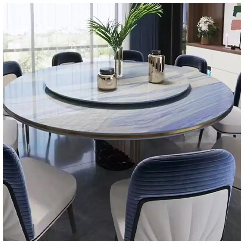 Azul Macaubas Blue Quartzite Dining Table Project Azul Macaubas quartzite round dining table in a residential dining interior