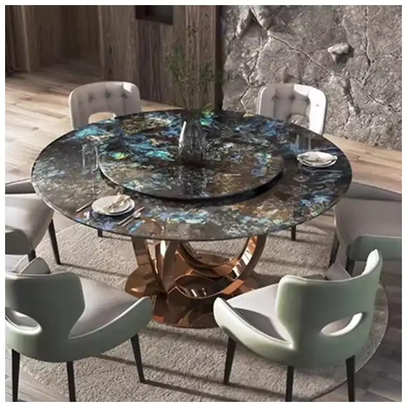 Lemurian Blue Granite Tables in Villa Dining Room Lemurian Blue Granite Tables in Villa Dining Room